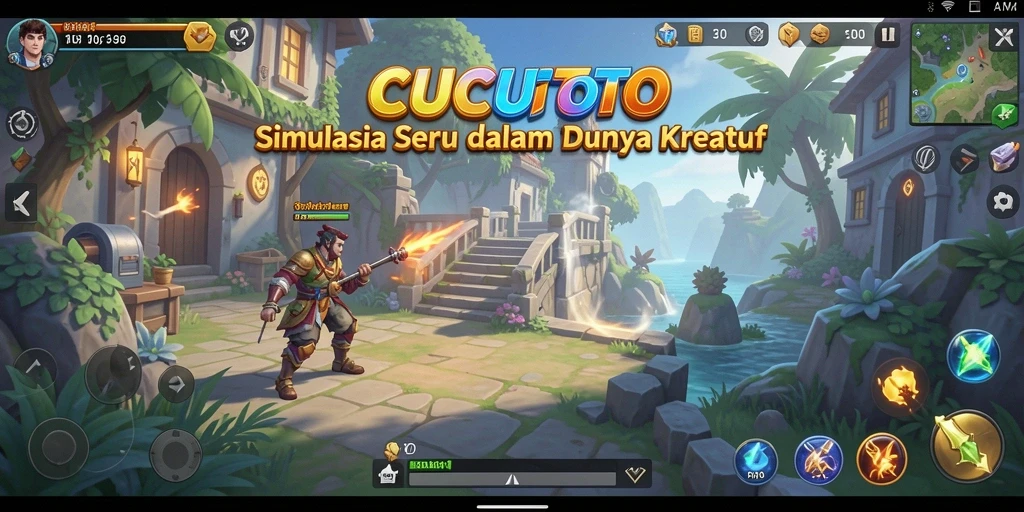 Tangkapan layar CUCUTOTO menampilkan pemain yang merancang lingkungan kreatif.