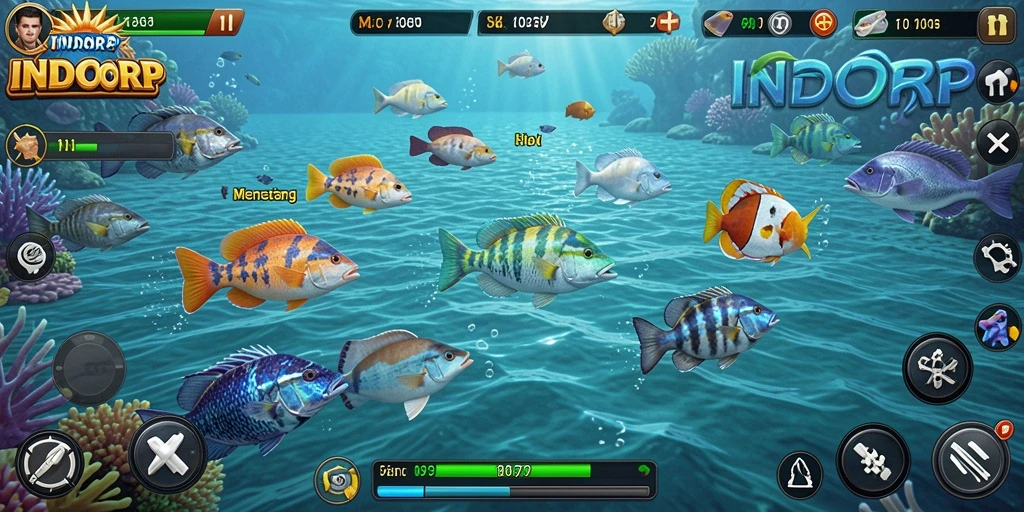 Tampilan gameplay INDORP saat menangkap ikan yang menarik.