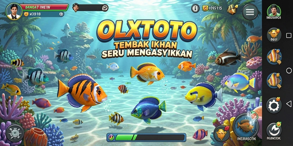Tangkapan layar utama OLXTOTO menampilkan aksi seru menembak ikan di bawah laut.